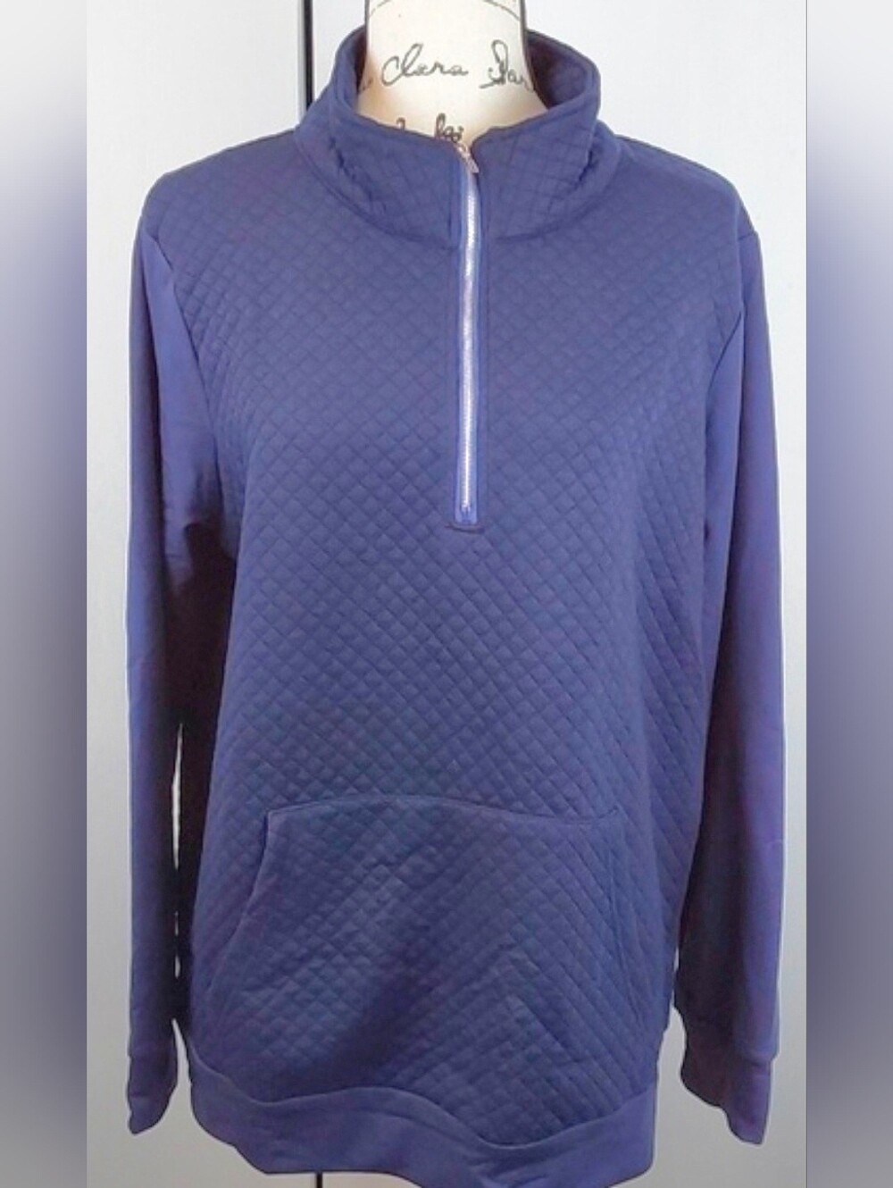 Womens Navy Blue Quilted Textured Pop Over Silver Front Zipper Top Sz.XL
